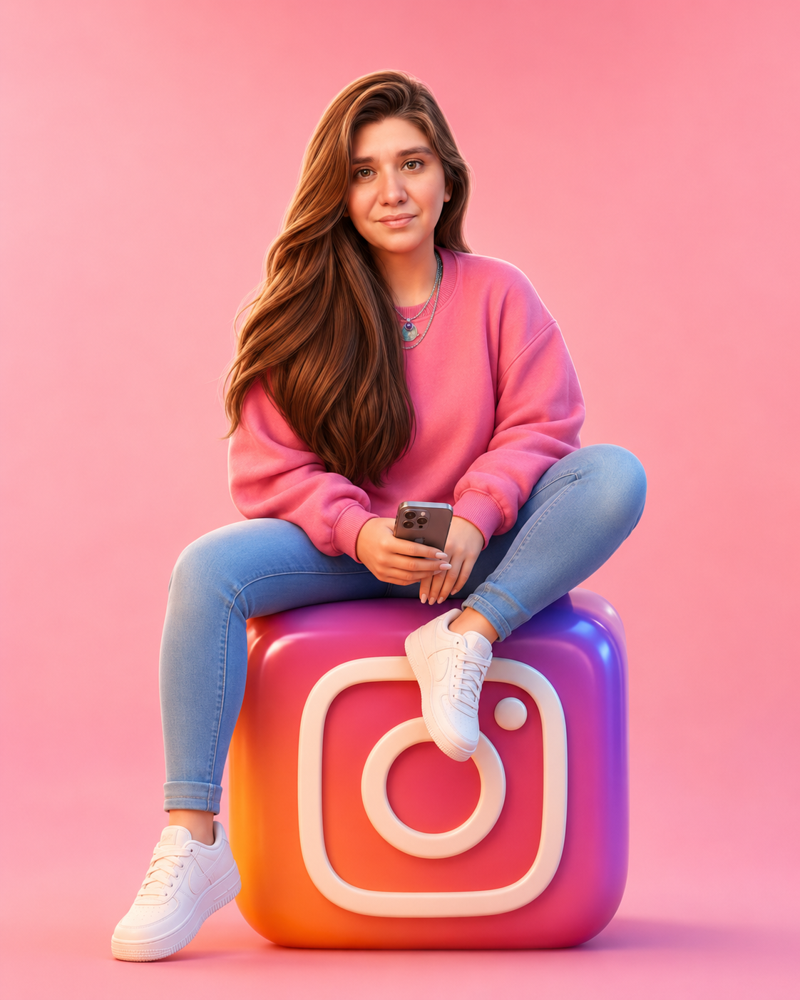Clau Aon sentada sobre un ícono de Instagram